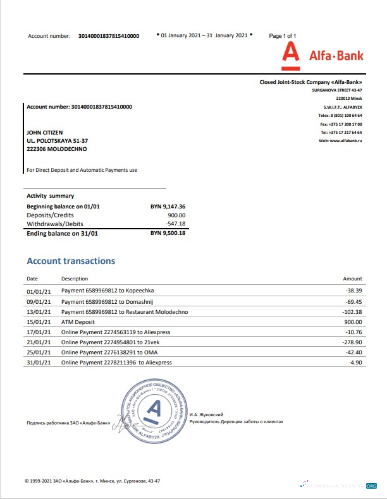 Download Belarus Alfa bank statement exel Photoshop template